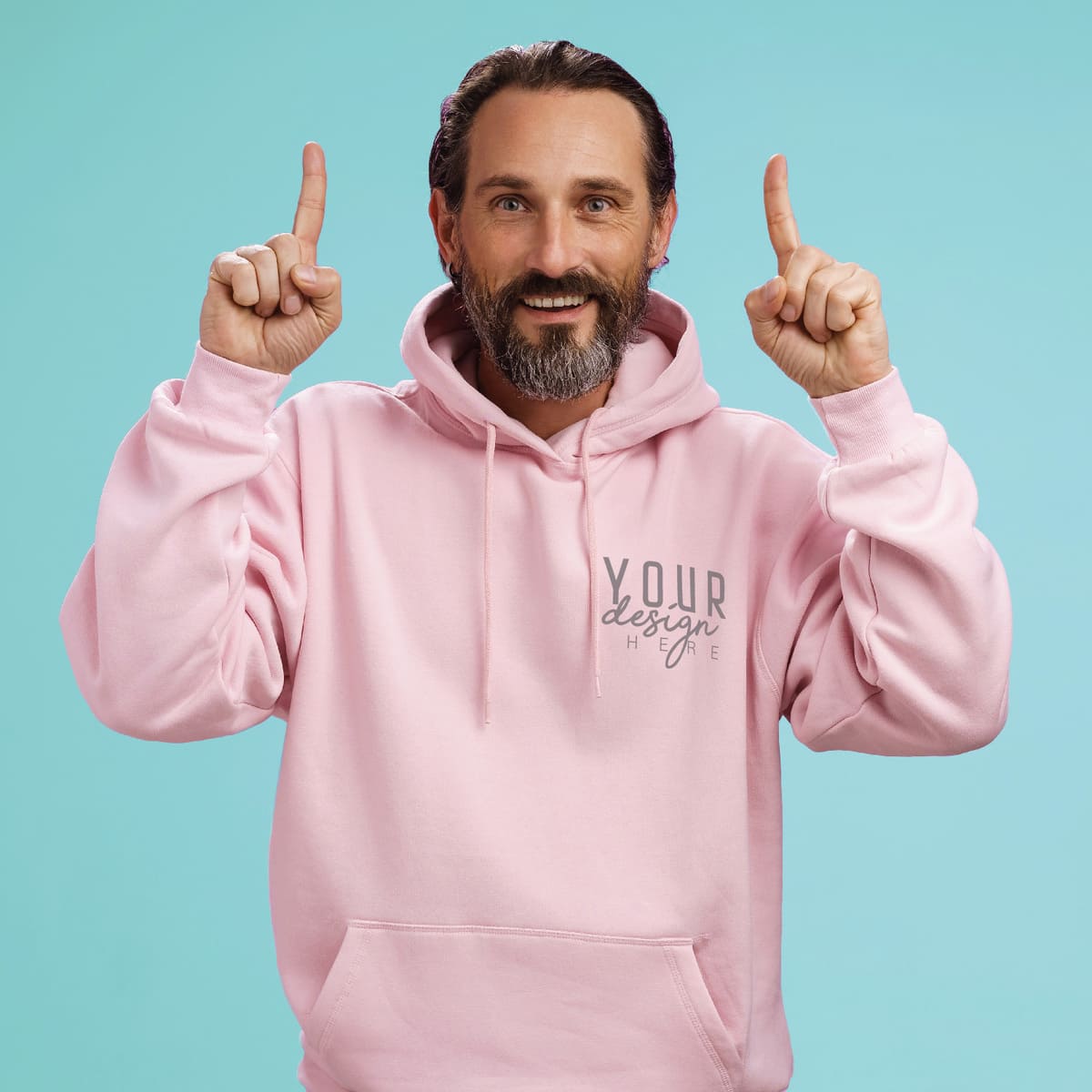 Man wearing a light pink custom hoodie with logo design on a turquoise background
